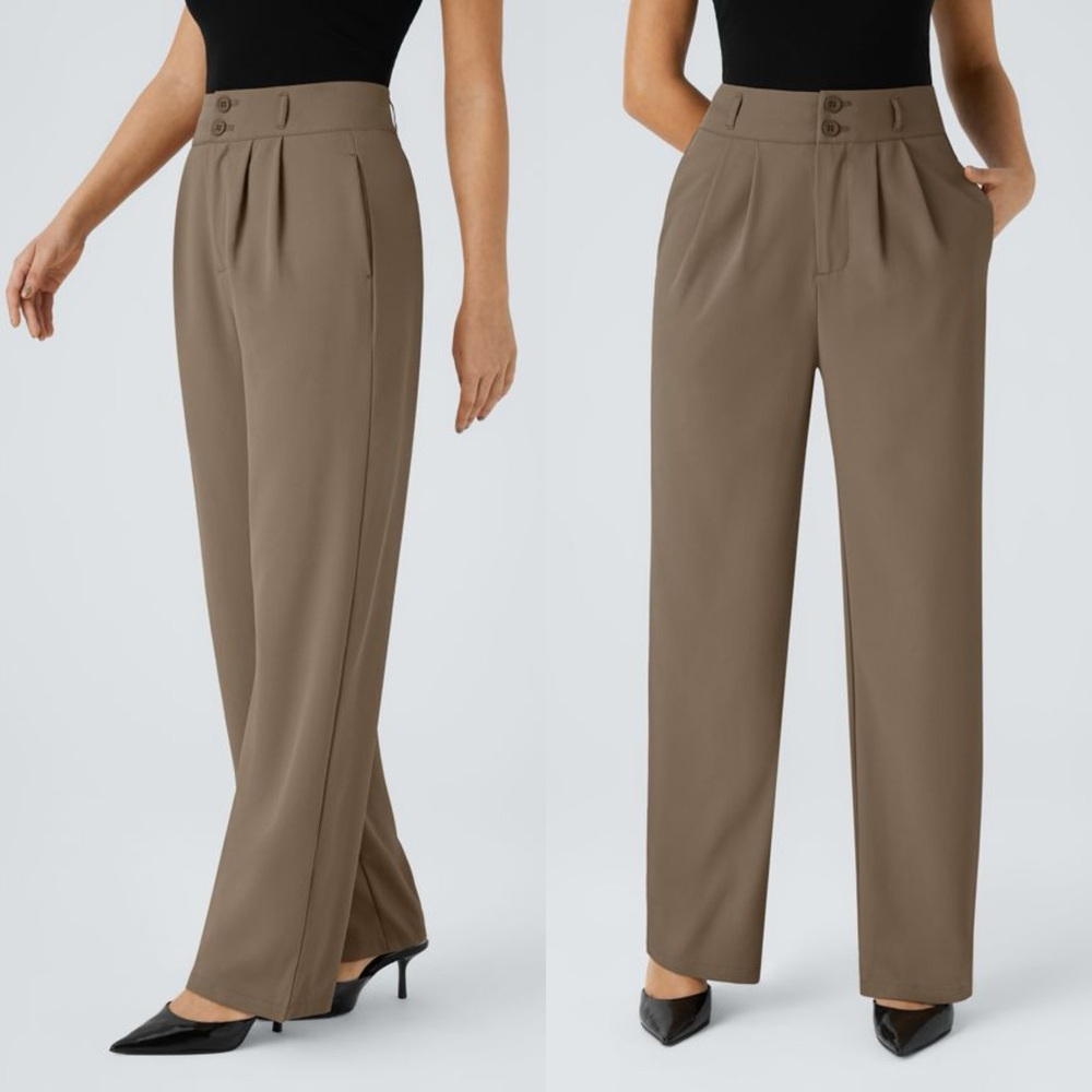 Halara Tan High Waisted Smocked Straight Leg Petite Work Pants Trousers